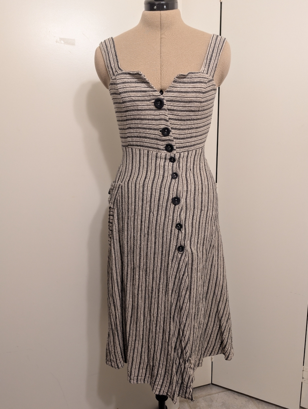 Eva Franco Black and Cream Striped Midi Dress